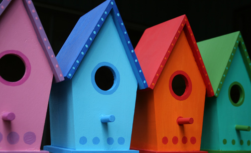 Upcycled bird boxes with cheap and reusable paint.