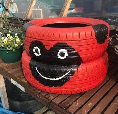 painted tyre turned planter 