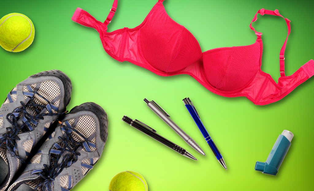 A photo of objects that can be recycled including bras, tennis balls, ballpoint pens, asthma inhaler, paint and trainers.