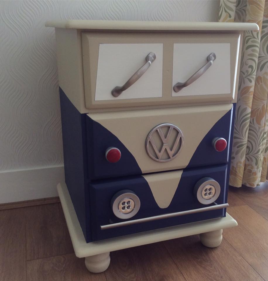 An upcycled chest of drawers using recycled paint from Community RePaint Wirral. The chest of drawers have been painted to look like a Volkswagen Campervan.