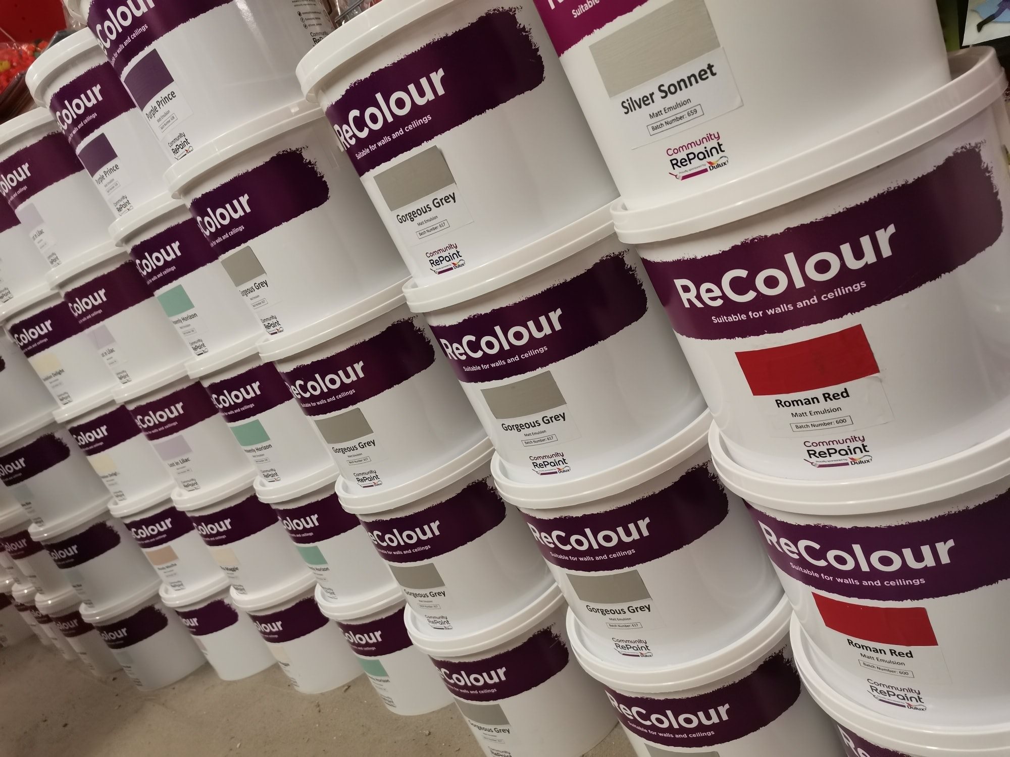 A selection of ReColour emulsion in a range of colours from Roman Red to Gorgeous Grey.
