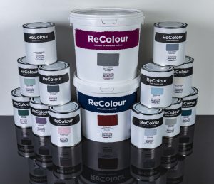 Tins of ReColour remanufactured paint in emulsion, masonry and chalk finishes